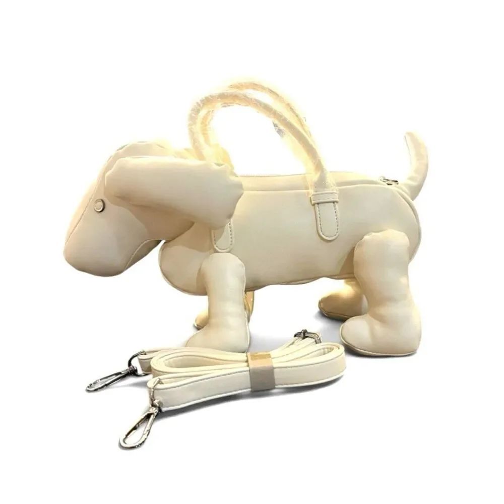 White Dachshund Handbag Faux Leather Crossbody Purse Figural Weiner Dog New